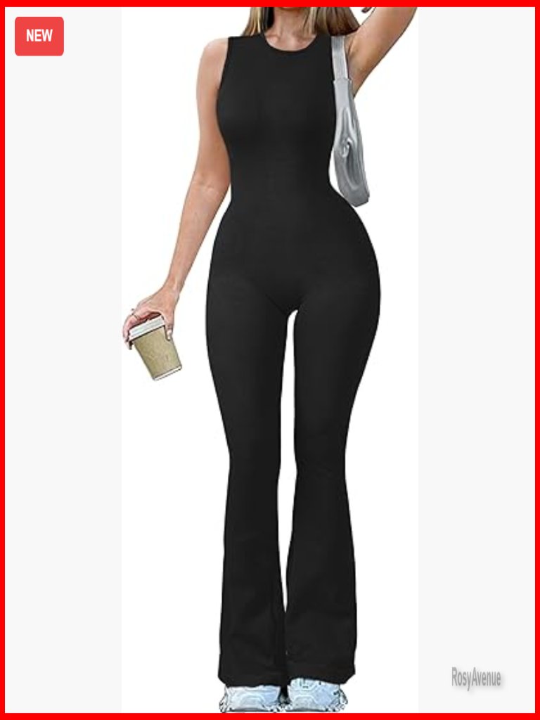 Ribbed Crew Neck Sleeveless Flare Jumpsuit With Bell Bottoms